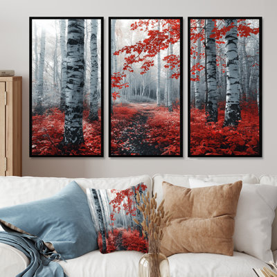 «Red Morning In Forest Panorama» - ensemble de salon art mural forêt