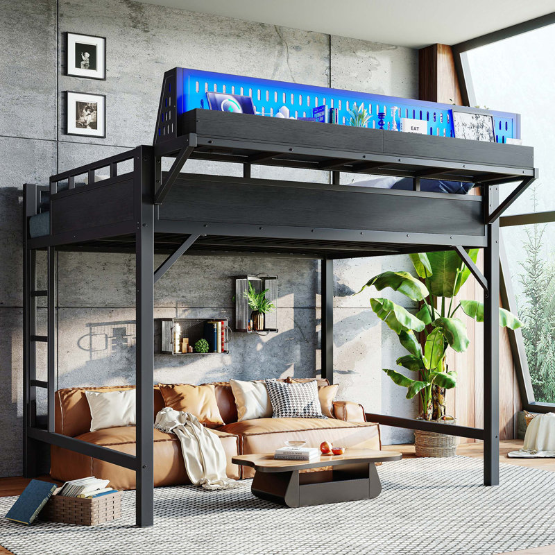 Structure de lit mezzanine en métal avec tablettes de rangement, ports USB et éclairage DEL