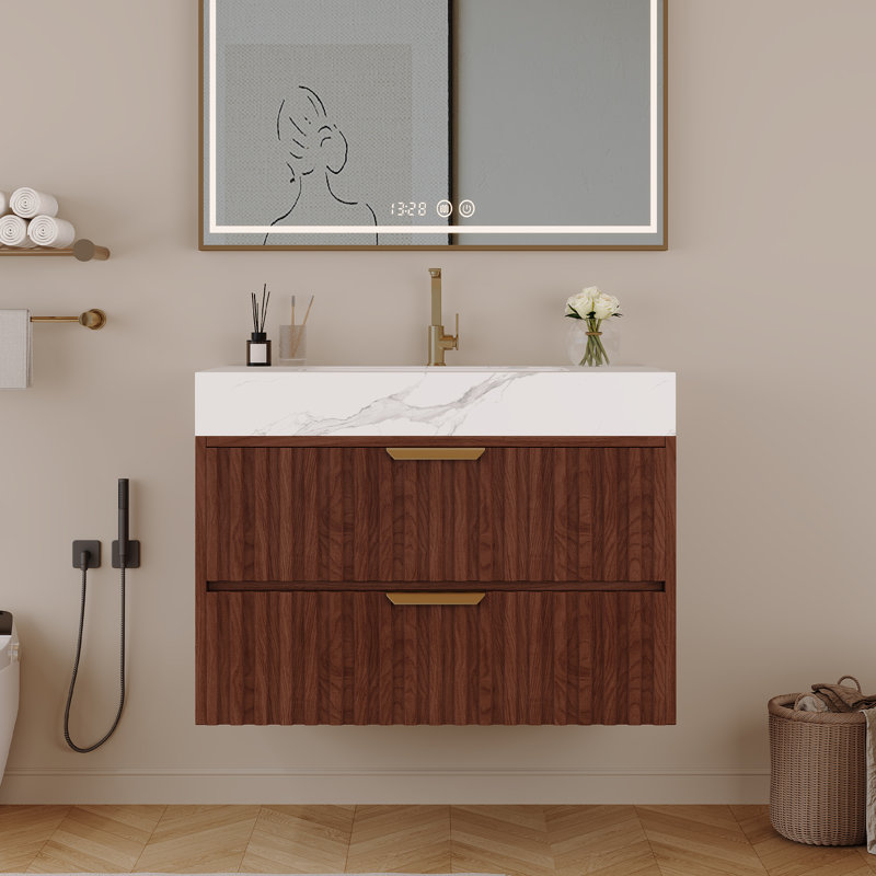 Meuble-lavabo flottant mural moderne avec plateau en pierre frittée et tiroirs à fermeture en douceur Lumifloat, Blanc