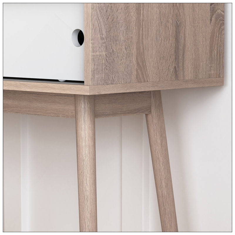 Table d'entrée avec 2 portes coulissantes blanches, console avec espace de rangement et pieds en bois, table de canapé derrière le canapé pour le couloir, salon, couleur naturelle