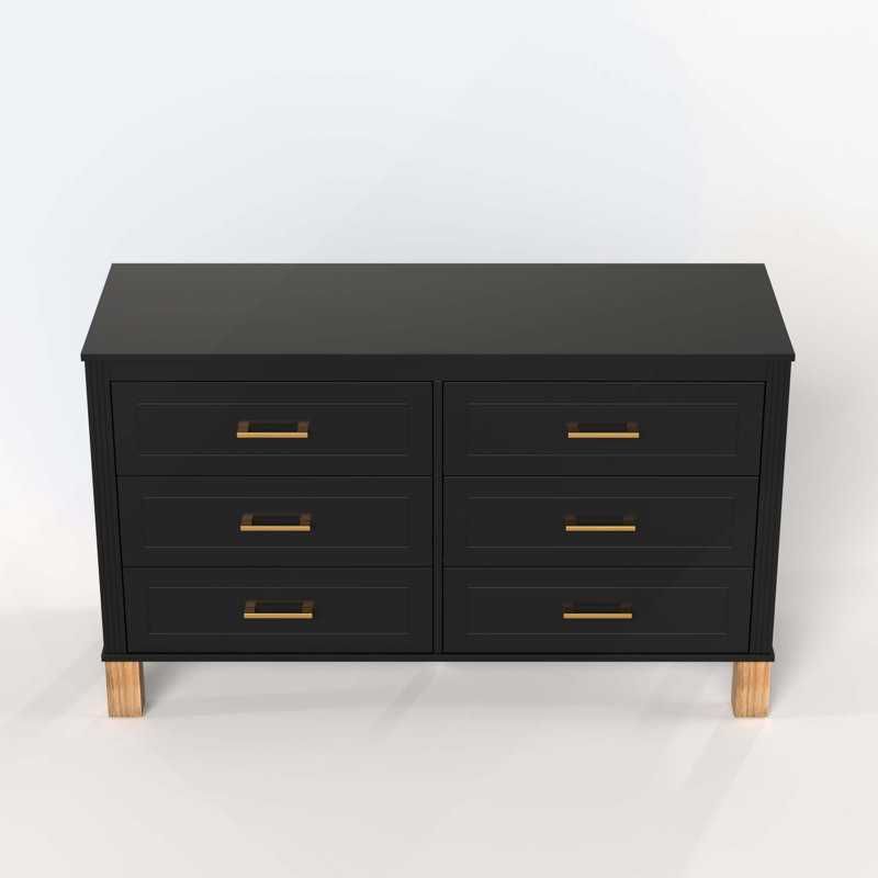 Commode de rangement moderne à 6 tiroirs avec poignées en métal et pieds en bois massif pour chambre d'enfant, Noir