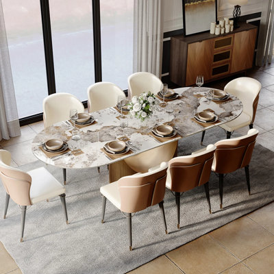Modern Minimalist Oval Dining Table With Sintered Stone Tabletop, Pedestal Base Dining Table