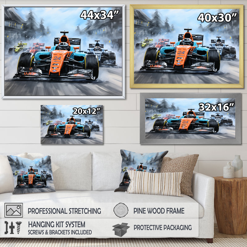 Orange et bleu, voiture de course, art mural, H 12 po x l 20 po x P 1 po, Cadre flottant noir