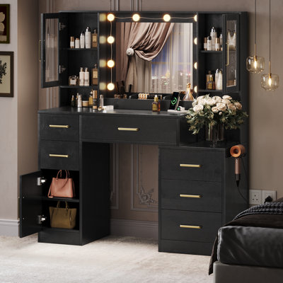  Meuble-lavabo 51 po à 6 tiroirs avec 2 portes d'armoire et meuble-lavabo moderne avec lumières DEL 51 po