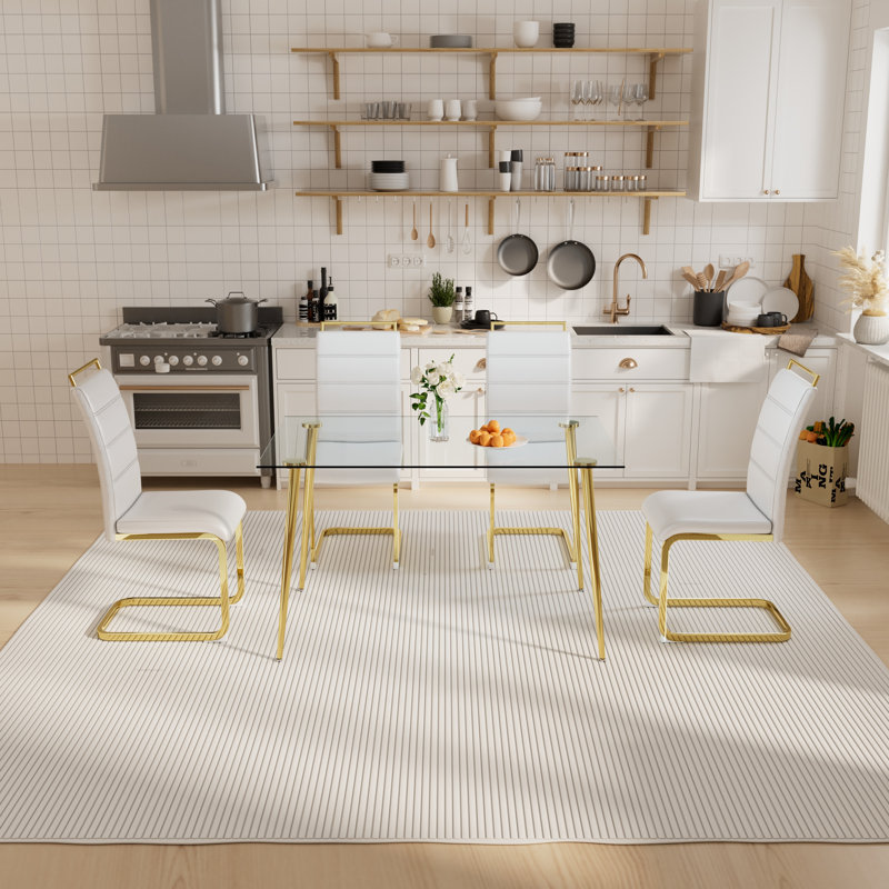 Leelou 4 - Person Four Leg Base Dining Set, White/Gold, Gold