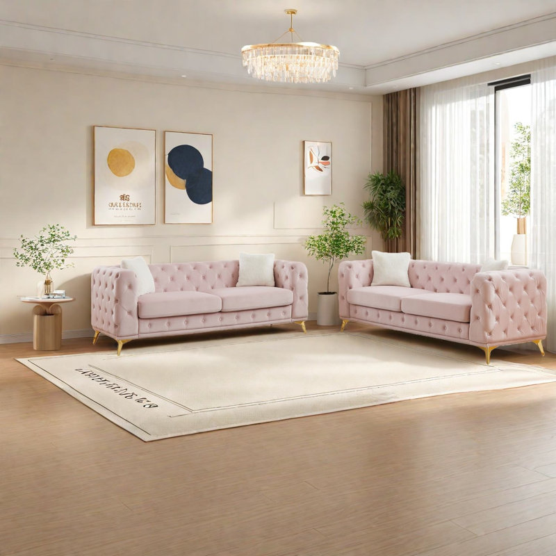Compression Sofas Set, Pink Velvet Wood Frame Modern Home Living Room