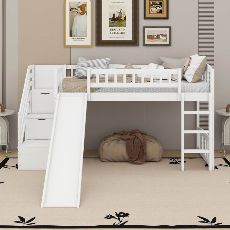 Twin Size Loft Bed With Slide, White