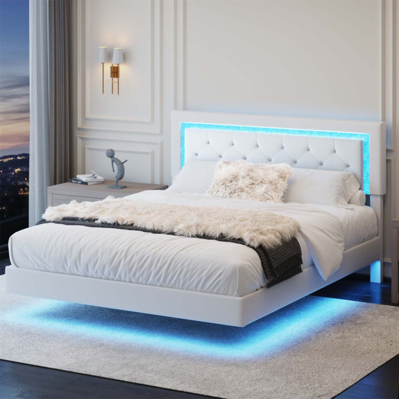 Upholstered Bed Frame With Diamond Tufted Headboard And RGB LED Lights, No Box Spring Required, Beige, Lit double