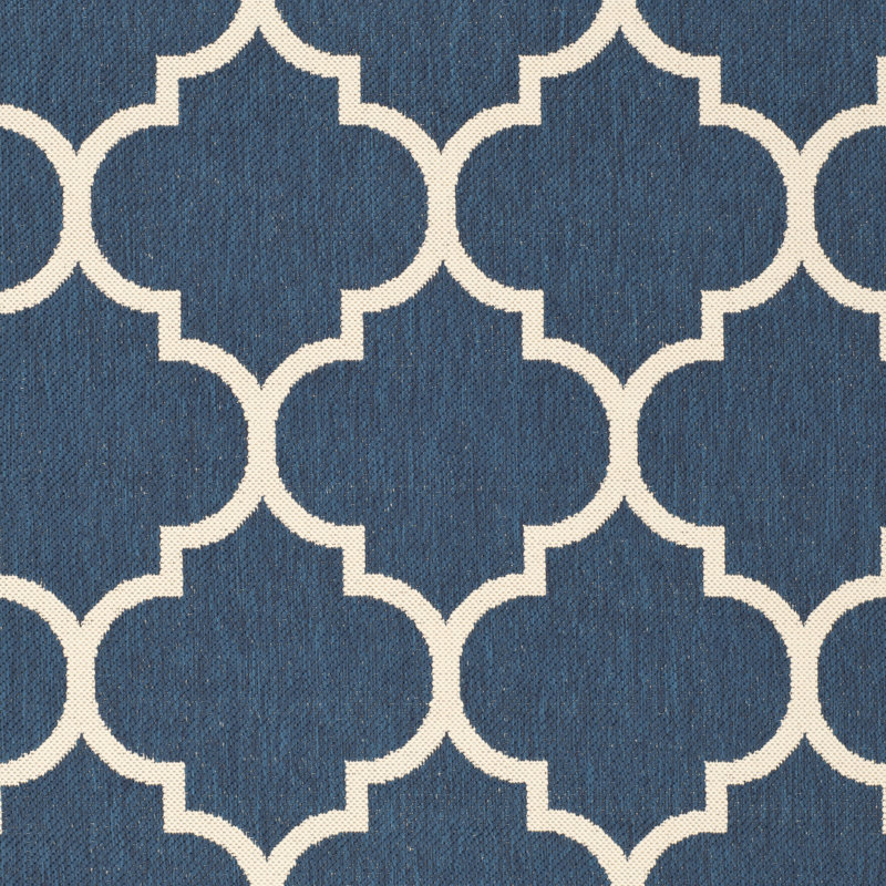 Tapis d'intérieur / extérieur à motif géométrique Courtyard Performance, Beige / marine, Rond 6 pi 7 po