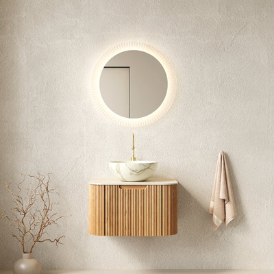 Meuble-lavabo de salle de bain, meuble de rangement rayé à bords arrondis avec tiroir, cuve en céramique mat et plateau en pierre frittée Carrara, pré-assemblé, couleur grain de bois naturel