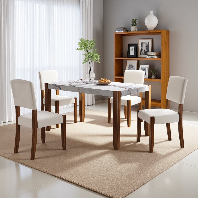Ensemble de table de salle à manger 5 pièces pour 4 personnes, table de style faux marbre de 46 po et 4 chaises rembourrées avec pieds en bois d'hévéa massif, siège rembourré, dossier incurvé