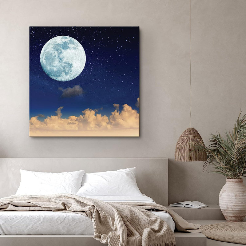 Bleu pleine lune et étoiles sur des nuages blancs sur toile, H 12 po x l 12 po x P 1,5 po