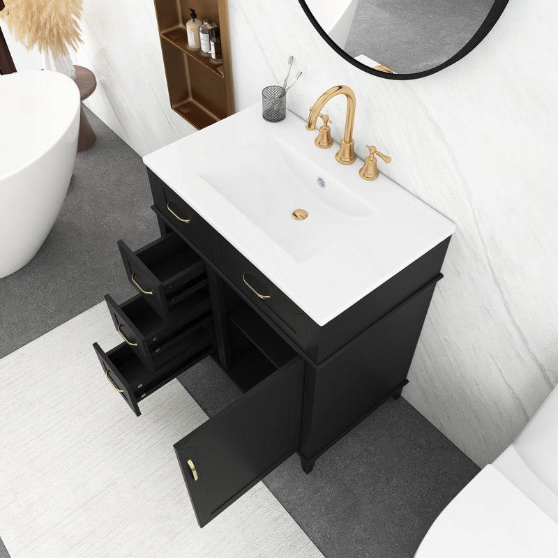 30 po Meuble-lavabo autoportant en bois noir avec tiroirs, Noir, noir, noir, noir