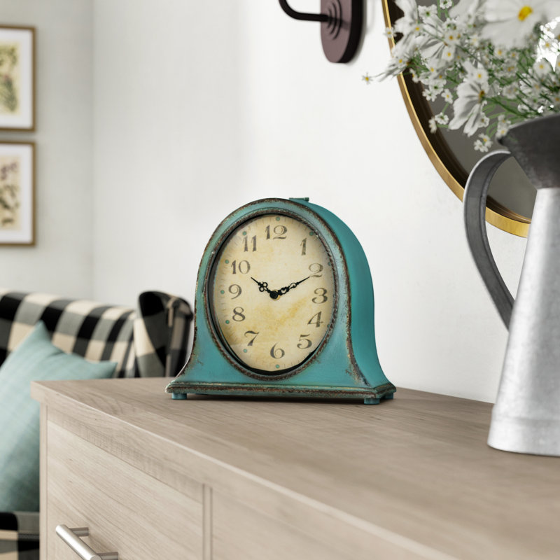 Horloge de foyer décorative en métal avec socle en bois vieilli, Turquoise