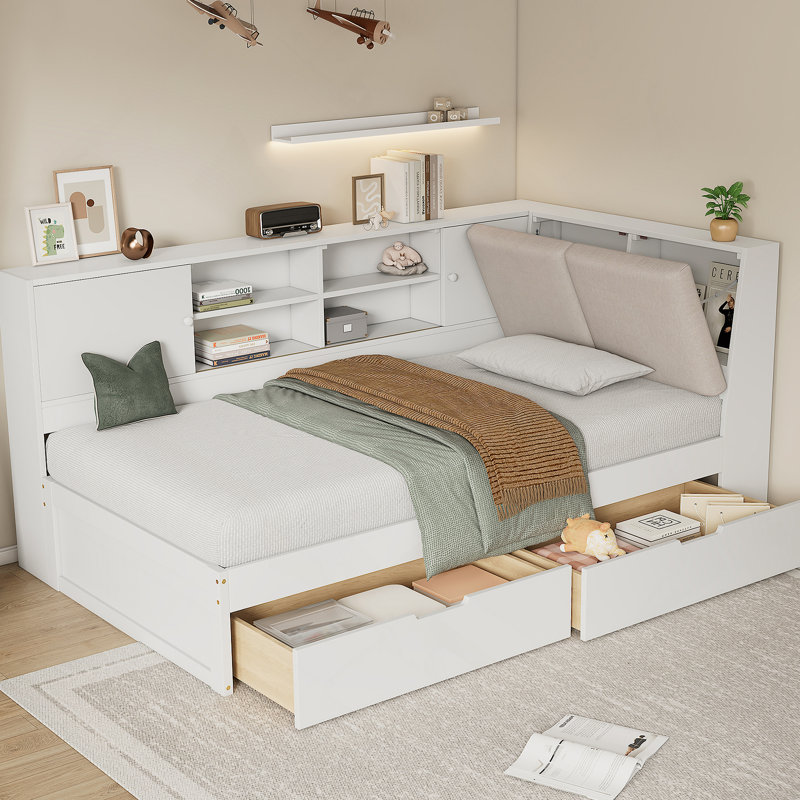 L-shaped Daybed Corner Bed Under-bed Drawers with Storage Bookcase, Twin, White