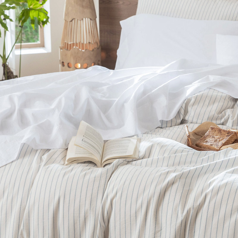 Drap plat 100% coton lavé MooMee, Lait d'amande, gris, Drap plat grand