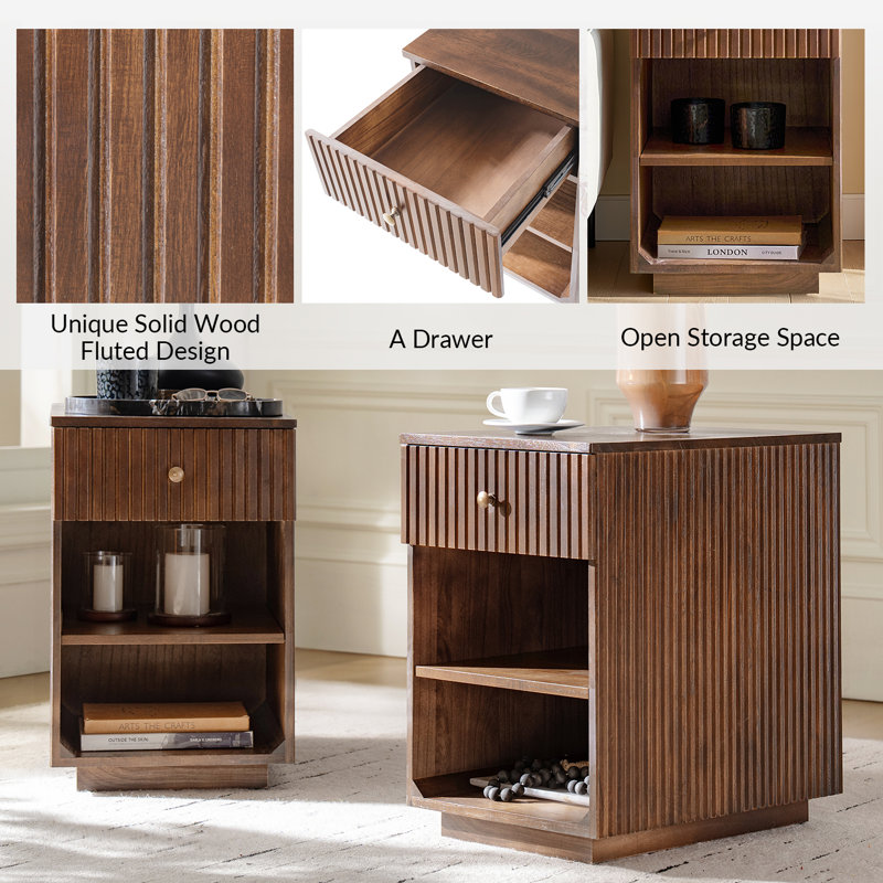 Meg 24"Tall 1-Drawer Fluted Solid Wood End Table Fully Assembled, Walnut
