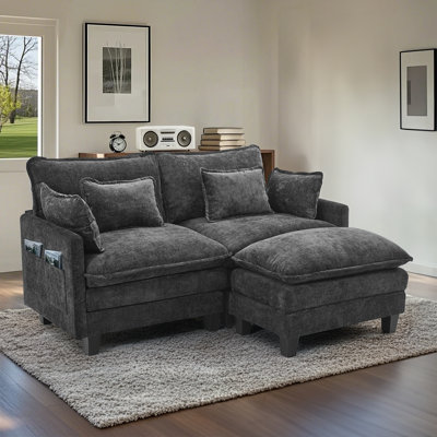 3-Piece Chenille Sectional With Double Layer Seat Cushions, Four Pillows and One Ottoman
