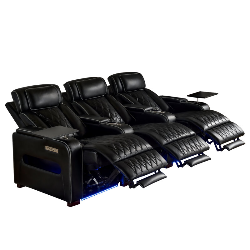 Siège de cinéma maison avec appuis-tête réglables, canapé inclinable électrique en cuir avec charge USB et Type-C, éclairage ambiant à DEL, porte-gobelets et rangement - Cuir d'unité centrale
