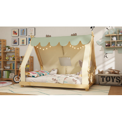 Full Size Solid Wood House Bed with Tent and Light,The removable tent with deer antler accents，White
