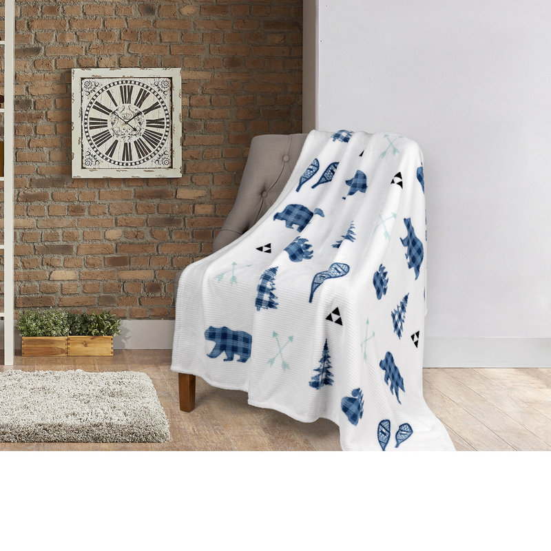 Blue and White Knitted Polyester Throw Blanket