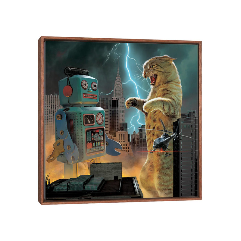Catzilla Vs Robot by Vincent Hie - Print on Canvas, 93.98 cm H x 93.98 cm W, Classic Brown Wood Framed