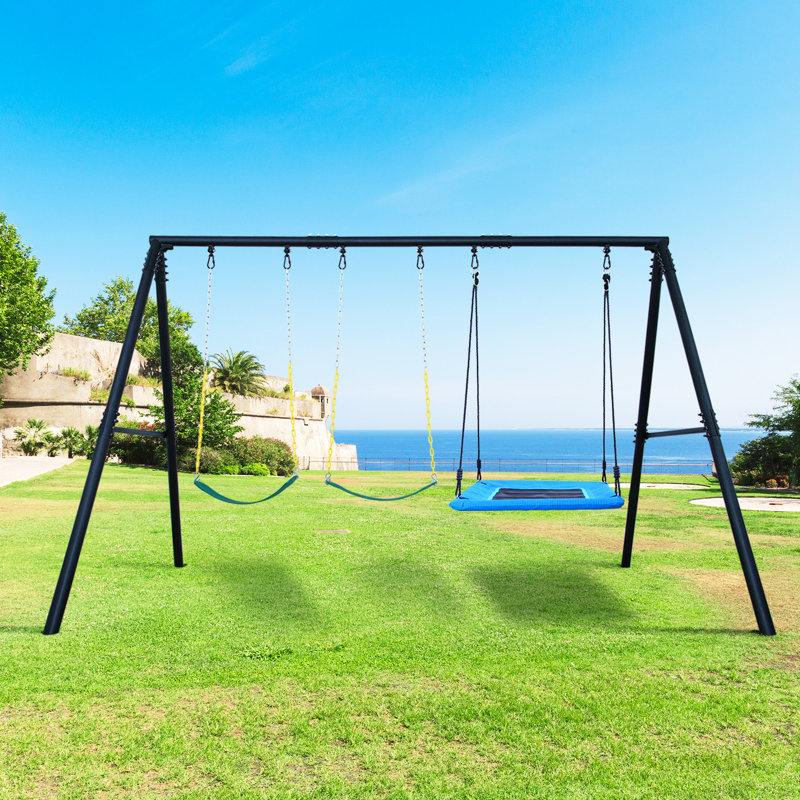 Heavy-Duty Black Metal Swing Set with Blue Platform and Belt Swings