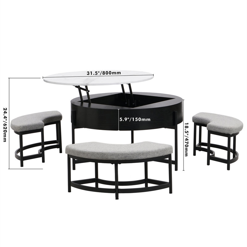 Table basse à plateau relevable moderne avec rangement et 3 repose-pieds blanc et noir, Noir