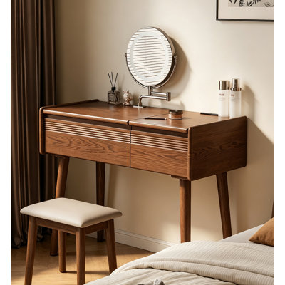 Mid Century Wood Vanity Table Set With Rotatable Lighted Makeup Mirror
