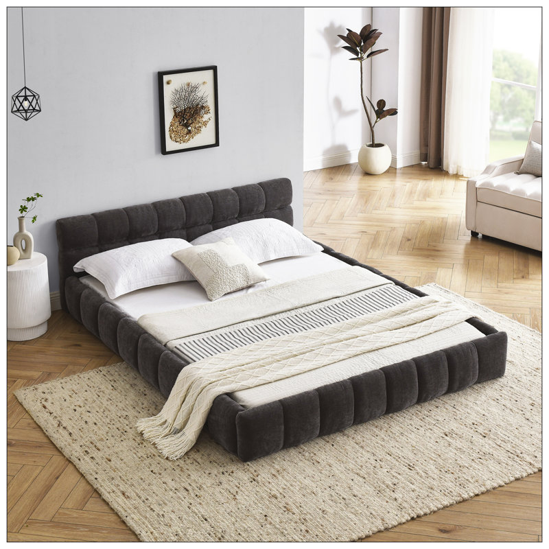 Lit plateforme tapissier en chenille avec tête de lit - Aucun sommier nécessaire, Grand, Gris foncé