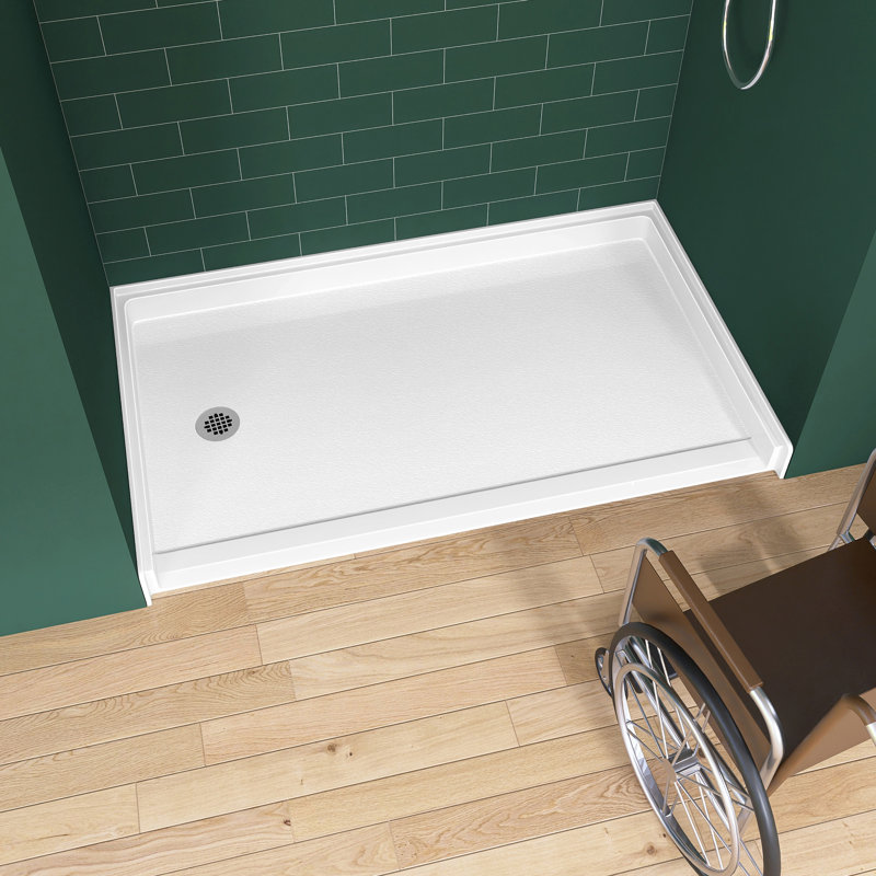 Base de douche simple à seuil bas 60 po x L 36 po ADA avec seuil de type incliné, plateau de douche antidérapant à trois brides, surface ouverte brillante assortie, accès pour fauteuil roulant, profil bas, blanc