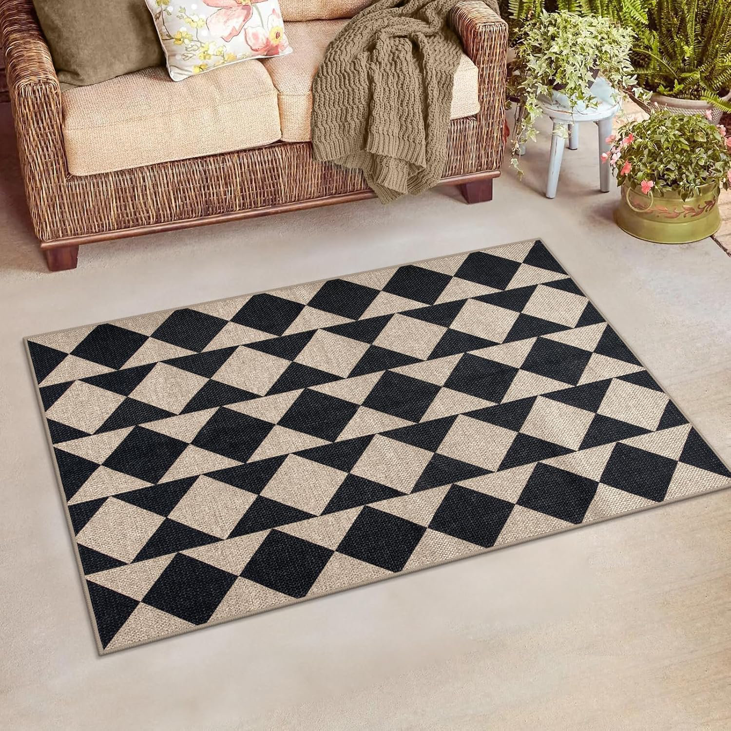 Ebern Designs Checkered Easy Jute Area Rug, 5X7 Outdoor Patio Rug ...