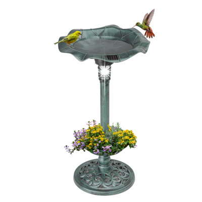 Outdoor Green Solar Lighted Pedestal Bird Bath Fountain Decoration With Planter 