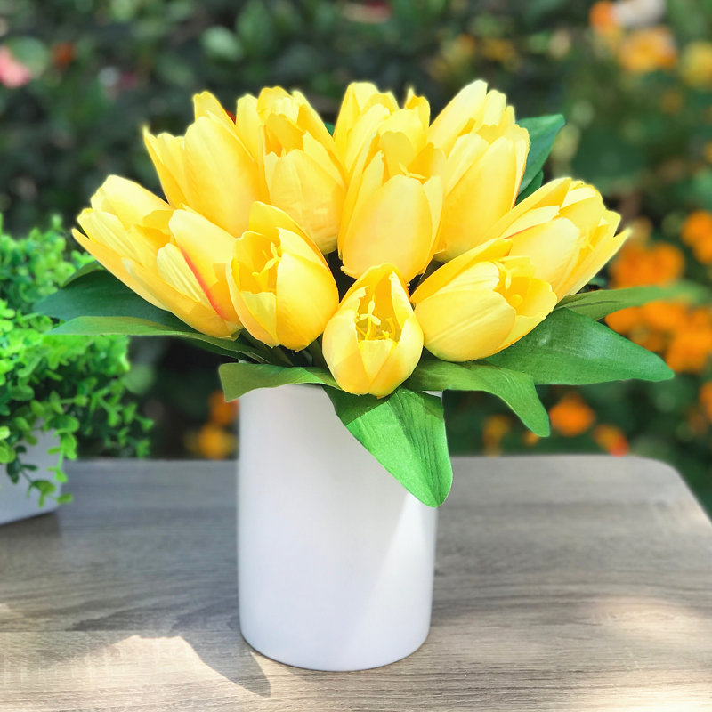 Silk Tulip Arrangement in Vase, Yellow