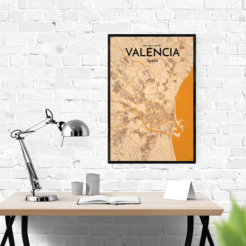 Valencia, carte de la ville, impression, H 36 po x l 24 po, Orange / or pâle