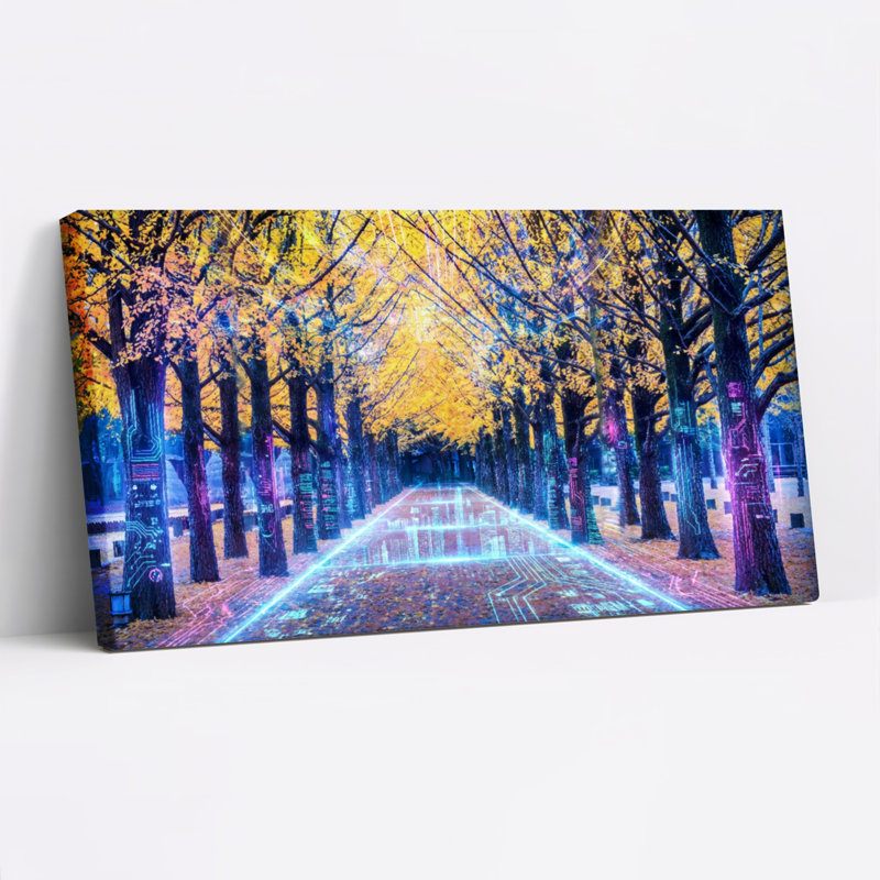 Ensemble de 1 tableau sur toile tendue représentant des arbres d'automne avec un circuit lumineux au néon, H 20 po x l 40 po