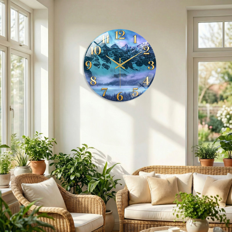 "Mountain Lake", horloge murale en verre, 60 x 60 cm (23,6 x 23,6 pouces)