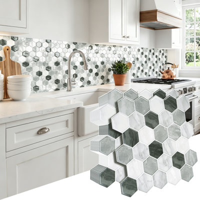 11.8" W × 11.8" D Whie-Black Hexagon Peel and Stick Backsplash Tile Self-Adhesive Vinyl Wall Tiles for Kitchen, Bathroom Backsplash, RV, Home Decor