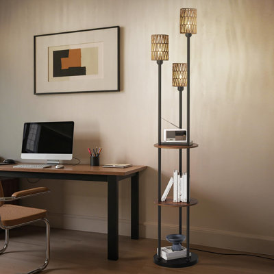 Lampe sur pied 70,9 "à 3 lumières avec tablettes de rangement Boho, lampe sur pied moderne brun rustique et jaune avec interrupteur au pied pour le salon