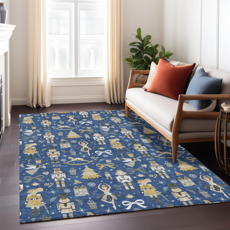 Nutcracker Navy 3' x 5' Synthetic Washable Rug