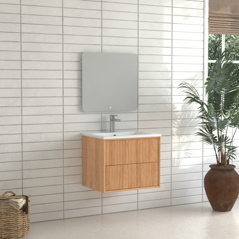 Armoire de salle de bain murale en bois massif 24 po, tiroirs rainurés à ouverture par pression, lavabo en résine, style européen, meuble-lavabo profond, vasque intégrée avec rangement, design,