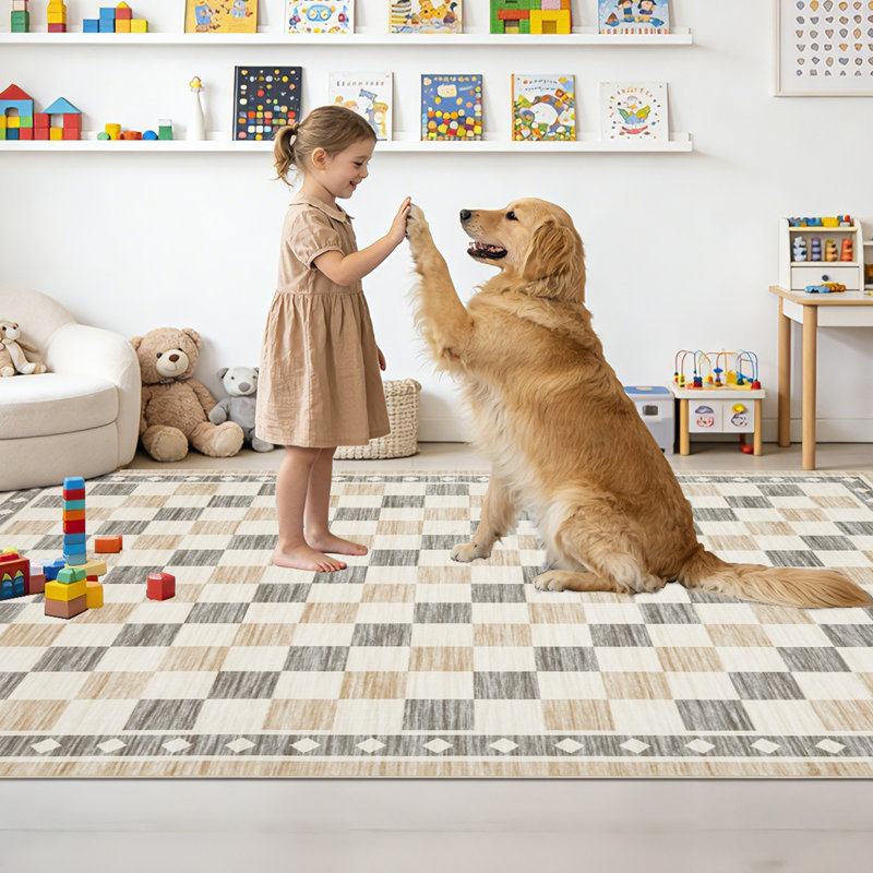 Modern Geometric Checkered Area Rug - Soft Low Pile, Washable, Non-Slip Carpet for Living Room, Bedroom, Dining Room, Beige