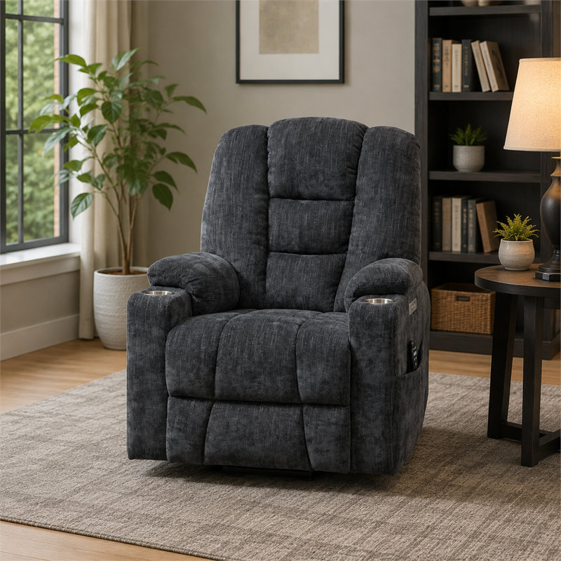Fauteuil inclinable électrique gris pour les personnes âgées, avec un design spacieux, épais et bien rembourré; Comprend des fonctions de massage et de chauffage, deux ports USB et deux porte-gobelets en acier.