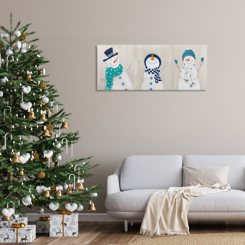 «Happy Snowman Trio», art mural sur toile par Janet Tava, H 20 po x l 48 po