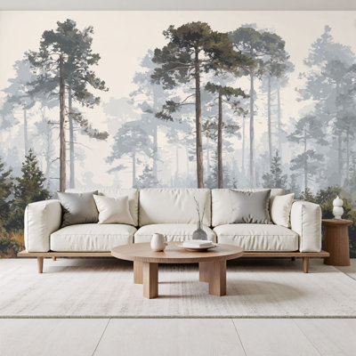 Papier peint adhésif pelez et collez Misty Forest Tall Slender Trees