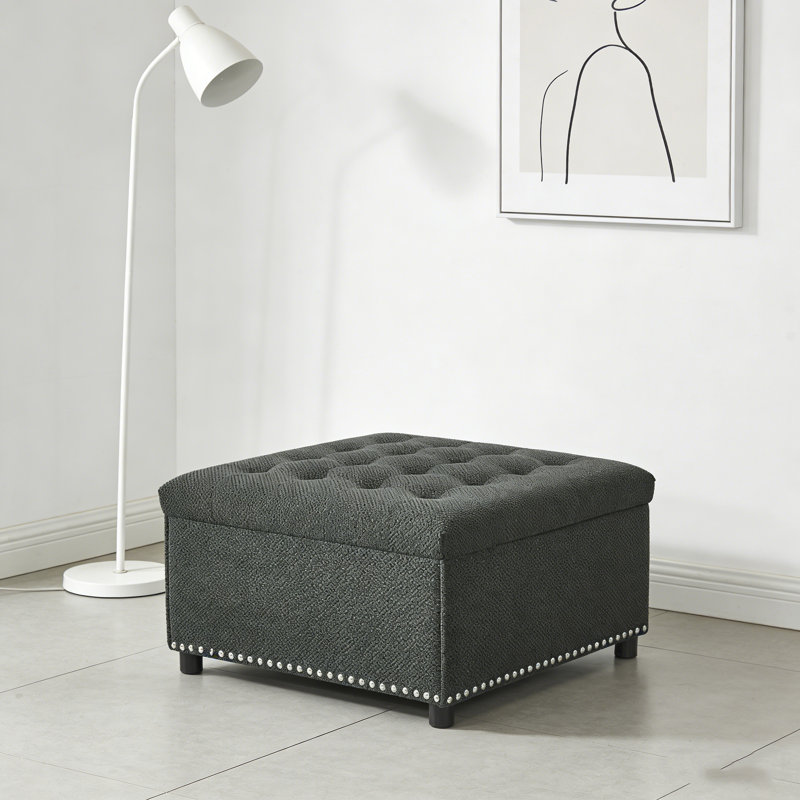Tufted Square Storage Ottoman With Nailhead Trim, Dark Grey Upholstered Footstool For Living Room & Bedroom, Small Space Home Decor