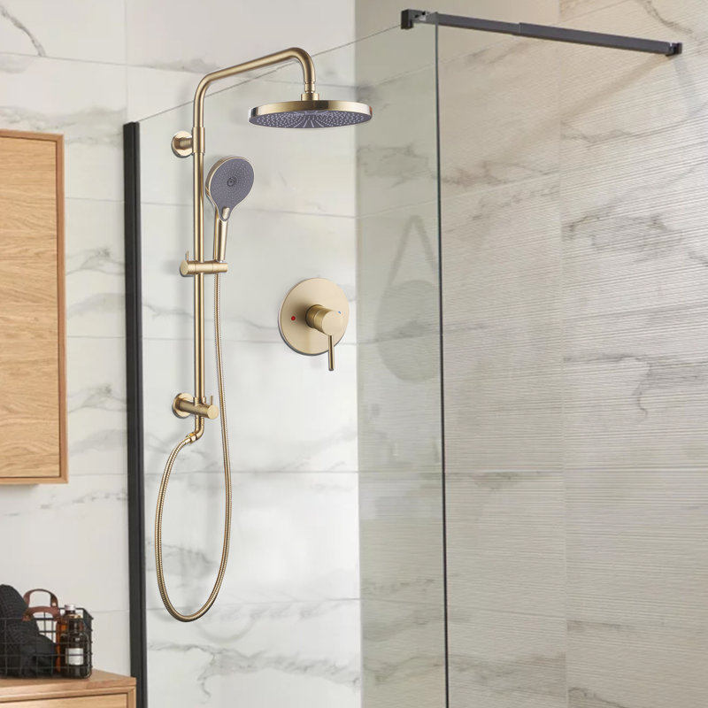 10" Solid Brass Exposed Round Shower Combo Set With Pressured Balanced Valve, Brushed Gold with Rough-in Valve
