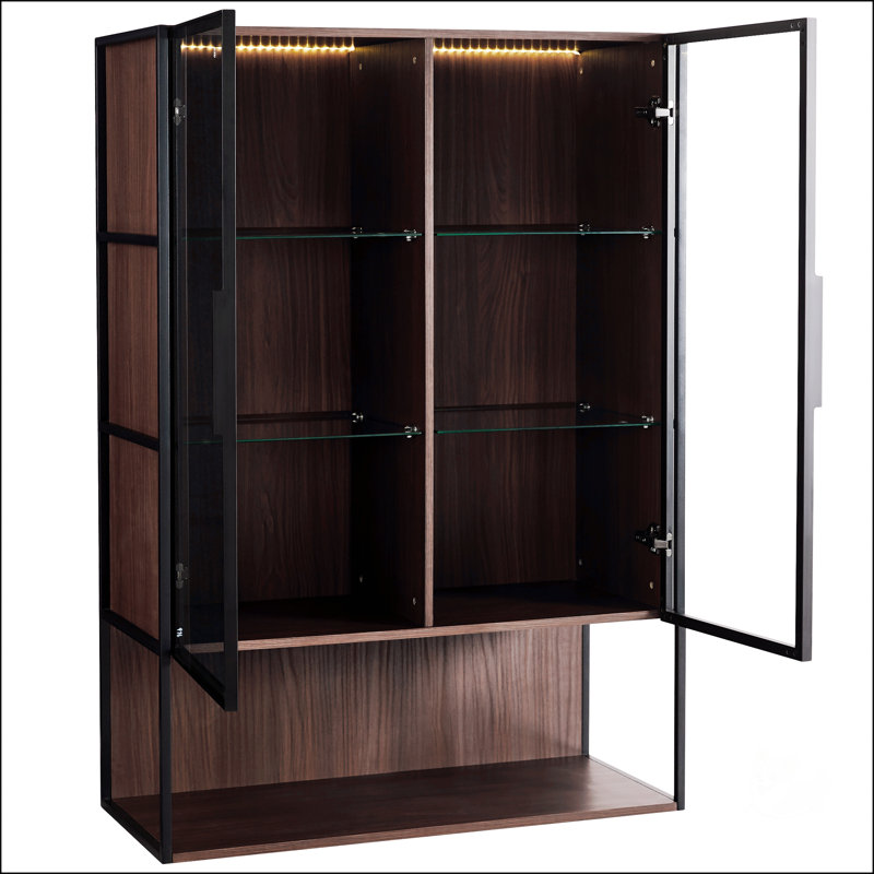 Vitrine autoportante éclairée avec tablettes en verre réglables à 4 niveaux et cadre en métal pour le salon, la cuisine et le bureau - Brun
