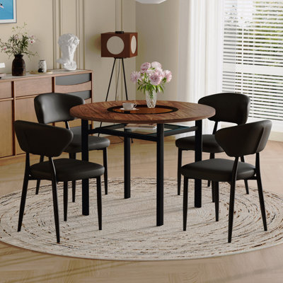 Table And Chair Set.42 Inch Modern Minimalist Brown Wood Grain Round Dining Table Set.Paired With 4 Black Pu Ergonomic Dining Chair, With A Curved Backrest For Comfortable Design.