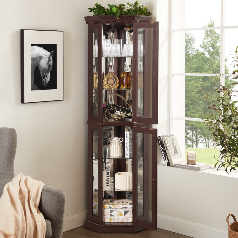 Vitrine moderne en verre avec éclairage DEL et panneau en miroir, Cerisier